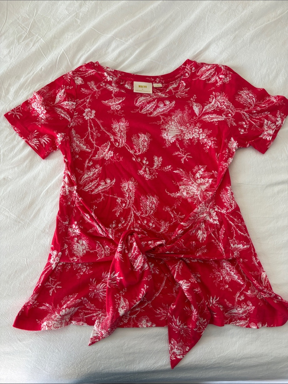Maeve Red Floral Short Sleeve Tie-Front Tee